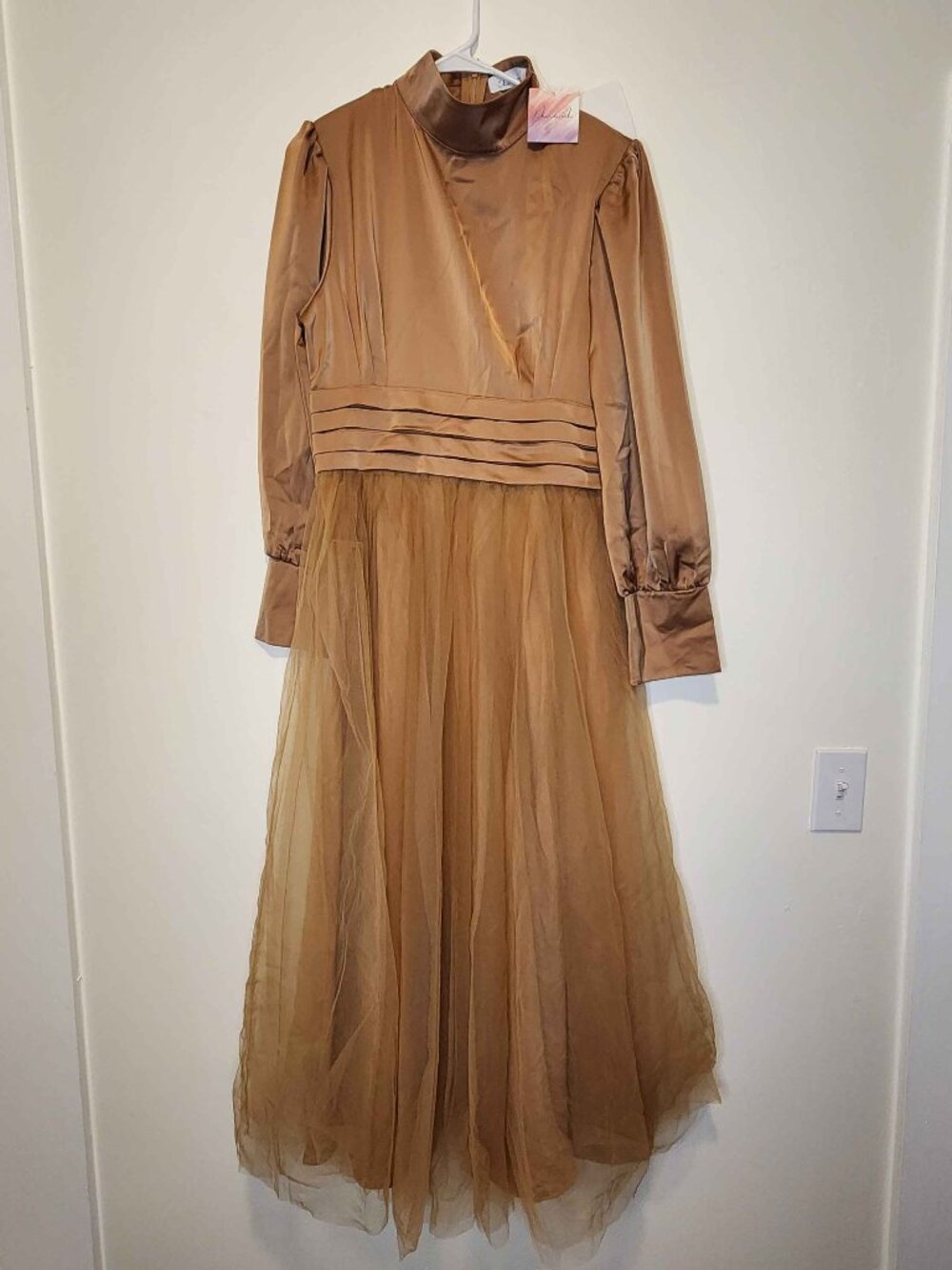 NWT -  Shine Bright High Neck Tulle Maxi Dress in Tan